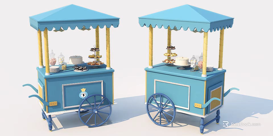 Blue Food Cart With Canopy Desserts Glass Jars Plates And Wheels 3d model 