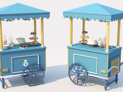Blue Food Cart With Canopy Desserts Glass Jars Plates And Wheels 3d model