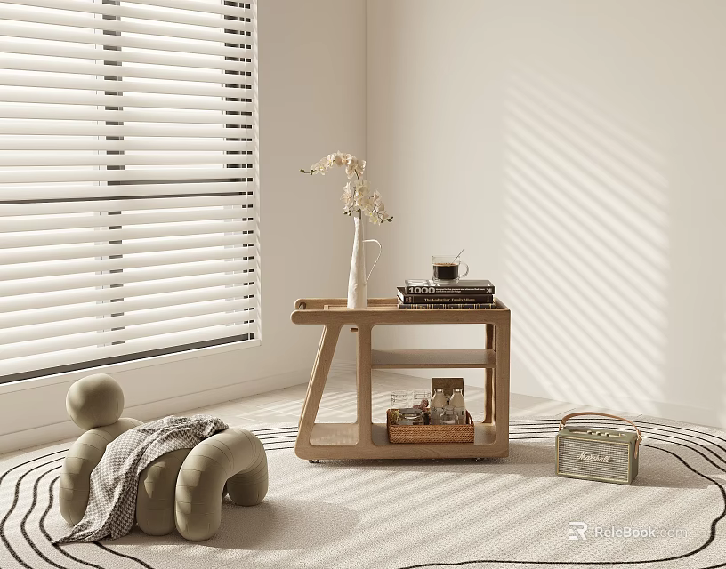 Wooden Side Table With Vase Coffee Cup And Books Near Window Blinds Sunlight Shadows On Rug 3d model 