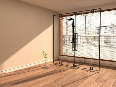 Modern Room Interior With Glass Shower Enclosure Wooden Floor Window Blinds And Small Plant 3d model