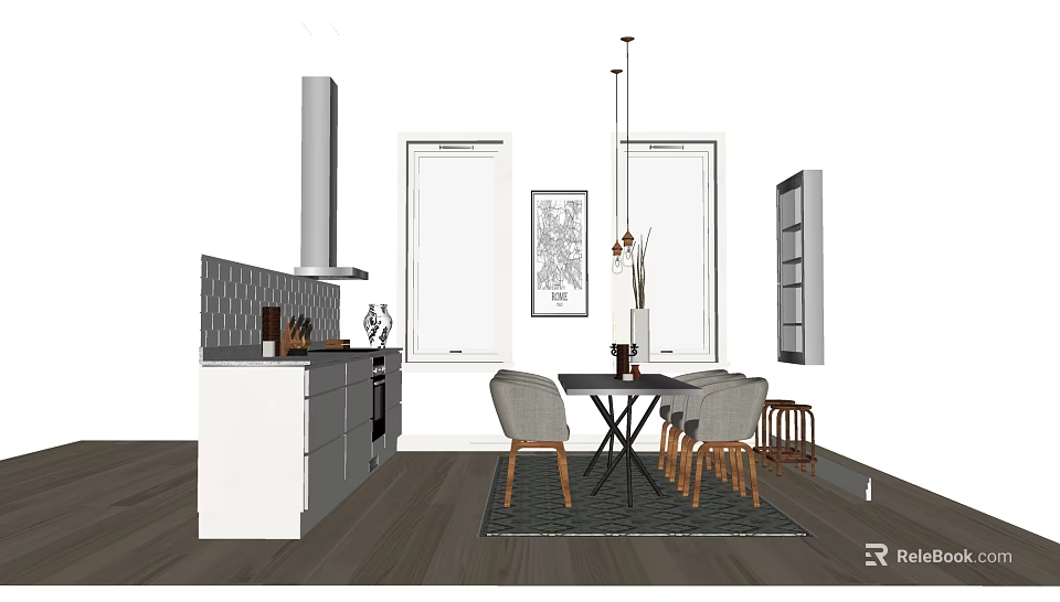 Modern Dining Table Set With Chairs Pendant Lights And Kitchen Cabinet Elements 3d model