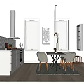 Modern Dining Table Set With Chairs Pendant Lights And Kitchen Cabinet Elements 3d model