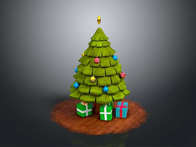 Wooden Christmas Tree With Colorful Balls Star And Green Red Blue Gift Boxes On Base 3d model