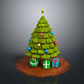 Wooden Christmas Tree With Colorful Balls Star And Green Red Blue Gift Boxes On Base