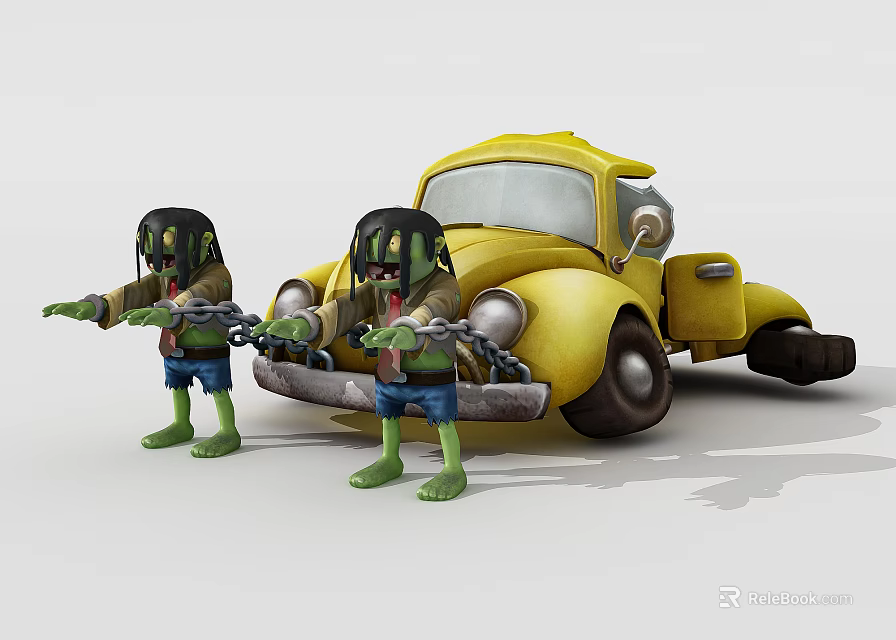 Game Movie Characters Green Skinned In Black Hoods Blue Shorts Pulling Yellow Truck With Chains 3d model 