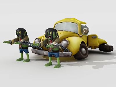 Game Movie Characters Green Skinned In Black Hoods Blue Shorts Pulling Yellow Truck With Chains 3d model