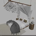 Double Bed With White Mosquito Net Gray Blanket Brown Pillows Wooden Nightstands And Hanging Lamps