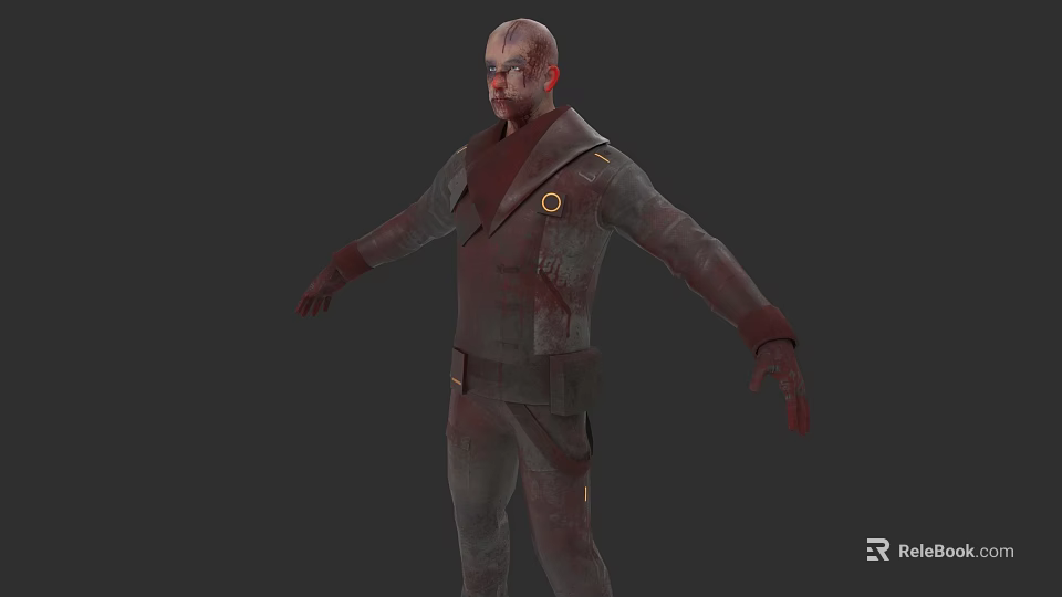 Man in Bloodstained Dark Colored Uniform With Torn Details And Battle Worn Appearance 3d model 