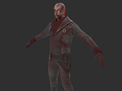 Man in Bloodstained Dark Colored Uniform With Torn Details And Battle Worn Appearance 3d model