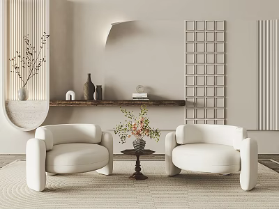 Modern White Leisure Sofa Set With Small Coffee Table Flower Arrangement And Grid Wall Decor 3d model