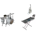 Assorted Musical Instruments and Art Supplies Display with Drums Guitar and Keyboard