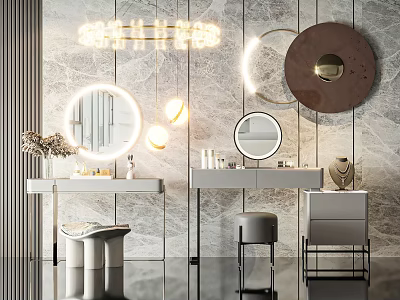 Elegant Modern Vanity Interior With Marble Wall Mirrors Lighting And Stools Decorations 3d model