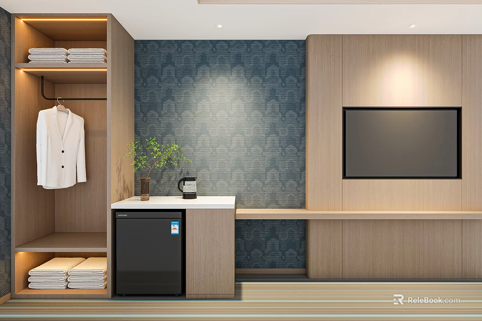 Modern Wardrobe with Hanging White Coat Folded Towels Small Fridge TV and Patterned Accent Wall 3d model 