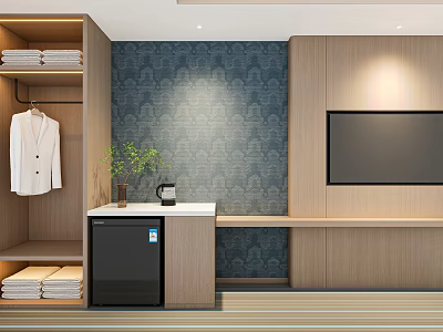 Modern Wardrobe with Hanging White Coat Folded Towels Small Fridge TV and Patterned Accent Wall 3d model