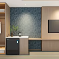 Modern Wardrobe with Hanging White Coat Folded Towels Small Fridge TV and Patterned Accent Wall