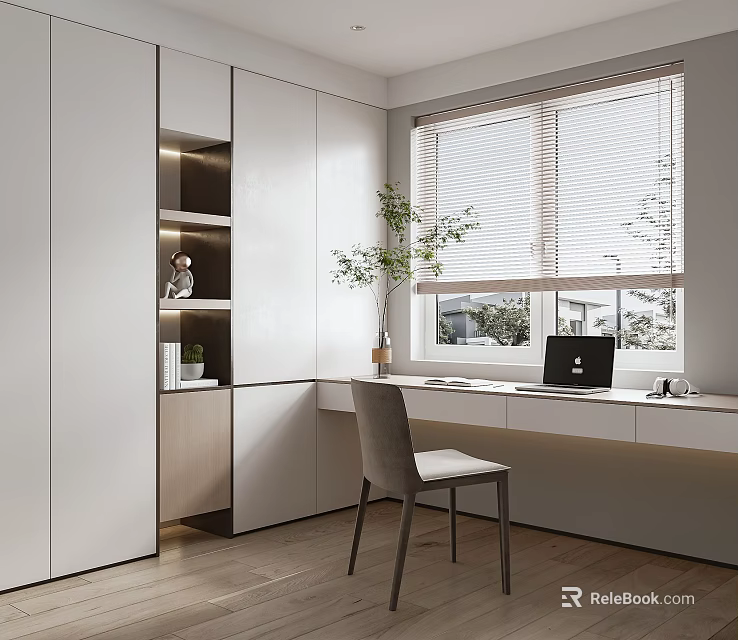 Modern Minimalist Study Room Interior With White Cabinets Desk Gray Chair Laptop And Potted Plant 3d model 