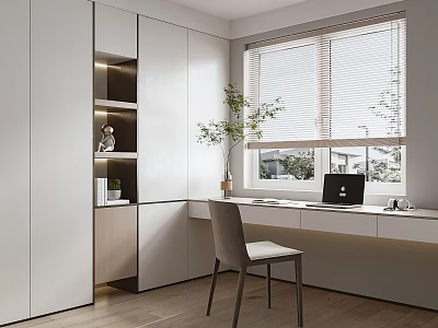 Modern Minimalist Study Room Interior With White Cabinets Desk Gray Chair Laptop And Potted Plant 3d model
