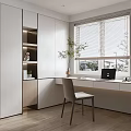 Modern Minimalist Study Room Interior With White Cabinets Desk Gray Chair Laptop And Potted Plant