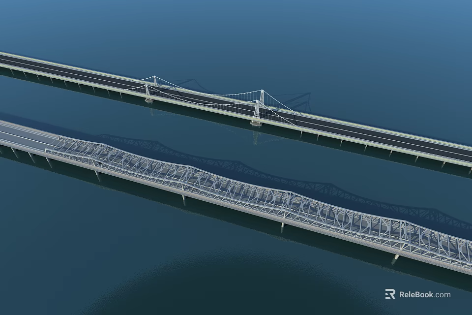 Two Modern Bridges Spanning Over Water With Highway Lanes And Cable Structures 3d model 