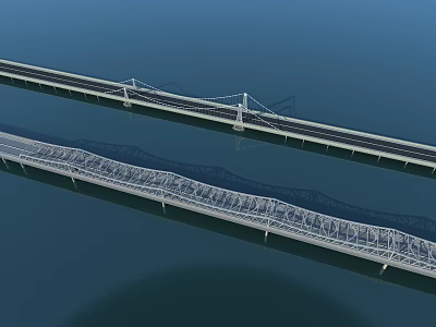 Two Modern Bridges Spanning Over Water With Highway Lanes And Cable Structures 3d model