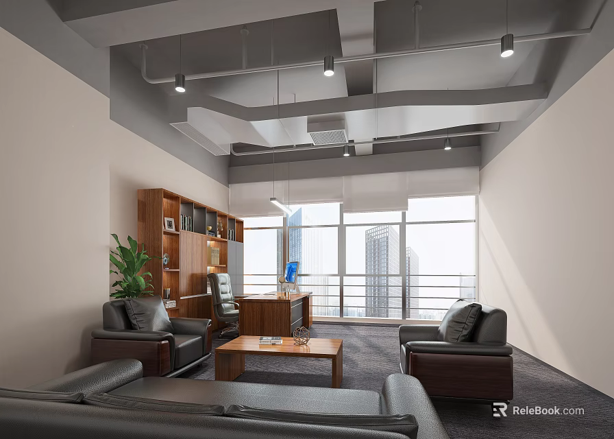 Modern Office Interior With Open Layout Large Windows City View Sofas Desk Bookshelf And Plants 3d model