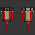 Two Traditional Chinese Lanterns with Red Decorative Frames White Panels Hanging Tassels and Wooden Supports