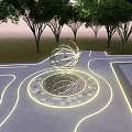 Outdoor Landscape Sculpture With Metallic Spherical Design Trees Illuminated Curved Paths And Sunset Sky