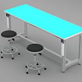 Functional Table with Blue Tabletop Metal Frame and Wheeled Stools