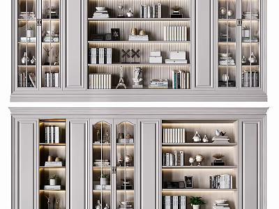 Elegant Modern Bookcase With Glass Doors And Books On Decorative Shelves 3d model