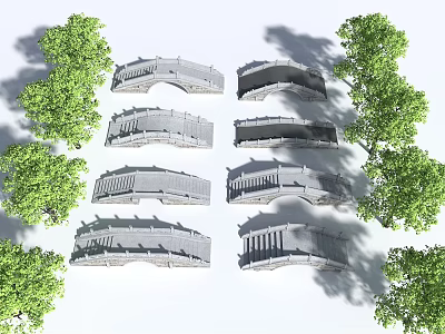 Various Designed Landscape Bridges Surrounded by Lush Green Trees 3d model