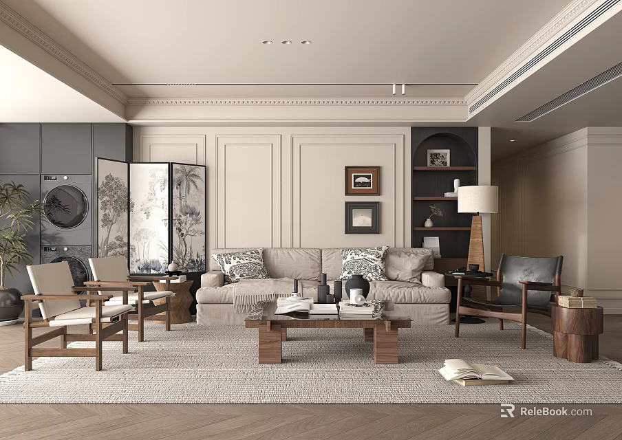 Neutral Toned Living Room Interior With Beige Sofa Coffee Table And Wooden Floor Lamp 3d model 
