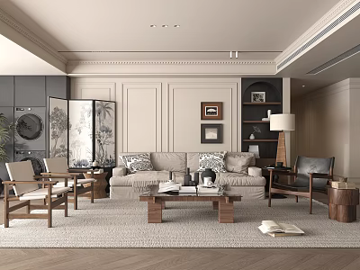 Neutral Toned Living Room Interior With Beige Sofa Coffee Table And Wooden Floor Lamp 3d model
