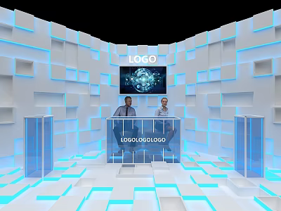 Modern Public Office Space Design With Geometric Walls Blue Lighting And Transparent Cabinets 3d model