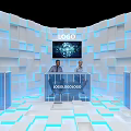 Modern Public Office Space Design With Geometric Walls Blue Lighting And Transparent Cabinets