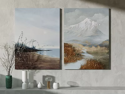 Serene Landscape Paintings with Snowy Mountain River Beach and Natural Scenery 3d model