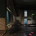 Elegant Modern Elevator Hallway Interior With Warm Lighting Glass Windows And Plants 3d model