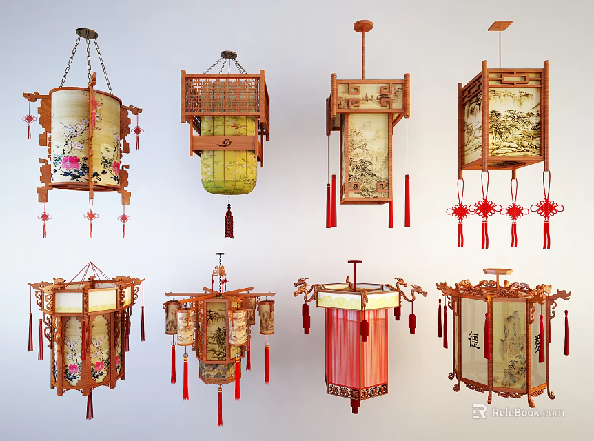 Traditional Chinese Style Chandeliers with Wooden Frames Painted Patterns and Red Tassel Decorations 3d model 