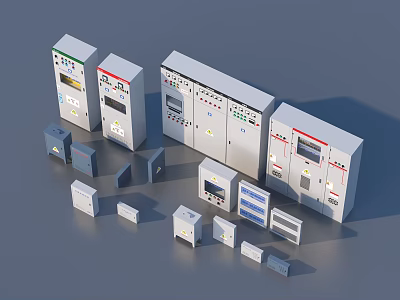 Various Types Of Electrical Control Cabinets And Distribution Boxes With Panels And Components 3d model