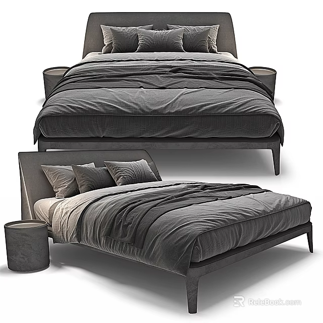 Modern Double Bed With Gray Bedding Pillows Sleek Frame And Side Table 3d model 