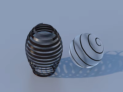 Decorative Ornament Set With Black Striped Lantern And Clear Spiral Glass Ball On Light Background 3d model
