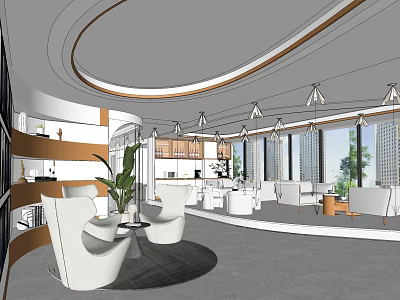 Modern Office Interior Design With Reception White Furniture Green Plants Pendant Lights And City View 3d model