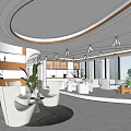 Modern Office Interior Design With Reception White Furniture Green Plants Pendant Lights And City View