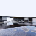 Modern Outdoor Pergola With Water Pool Reflection Lighting And Wooden Structure For Garden Landscape Design