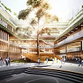 Modern School Building With Open Courtyard Lush Rooftop Gardens And Students Walking