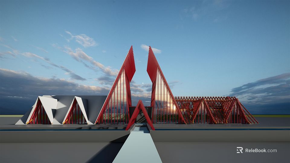 Modern Commercial Complex With Red Triangular Structures And Glass Facades Under Sunset Sky 3d model 