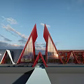 Modern Commercial Complex With Red Triangular Structures And Glass Facades Under Sunset Sky