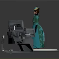 Woman in Green Dress and Hat Standing Beside Futuristic Mechanical Structure with Blue Lights