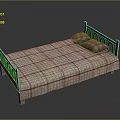 Wooden Bed Frame With Carved Headboard Plaid Bedspread And Purple Plaid Pillows