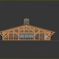 Wooden Pavilion Building With Green Sloped Turf Roof And Chimney On Platform