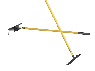 Crossed Yellow Handle Agricultural Equipment Rake and Hoe with Black Metal Heads 3d model